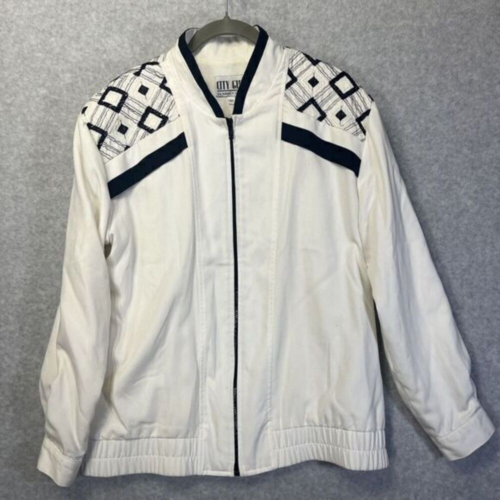Nancy Bolen Black White Geometric Embroidered Full Zip Front Jacket 12 80's Y2K